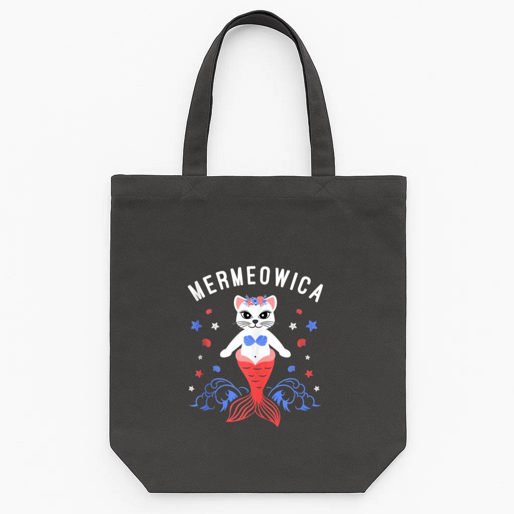 Mermeowica Patriotic Cat Mermaid Memorial Day Tote Canvas Bag