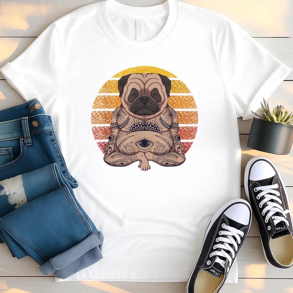 Retro Yoga Dog Pug Sunset T Shirt